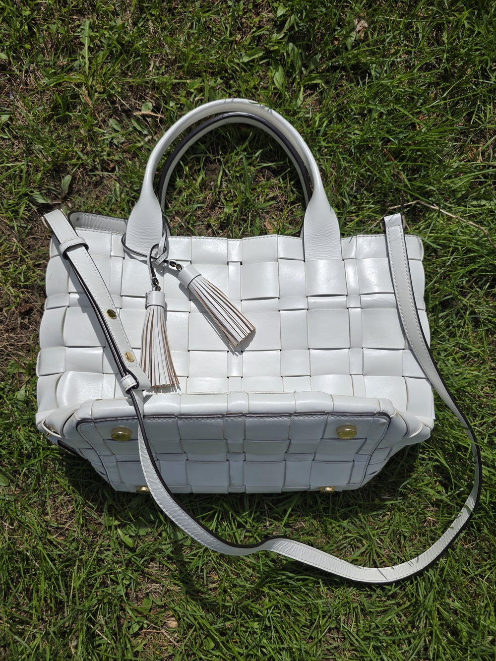 Michael Kors White Woven Leather Tote Bag with Tassel Accent